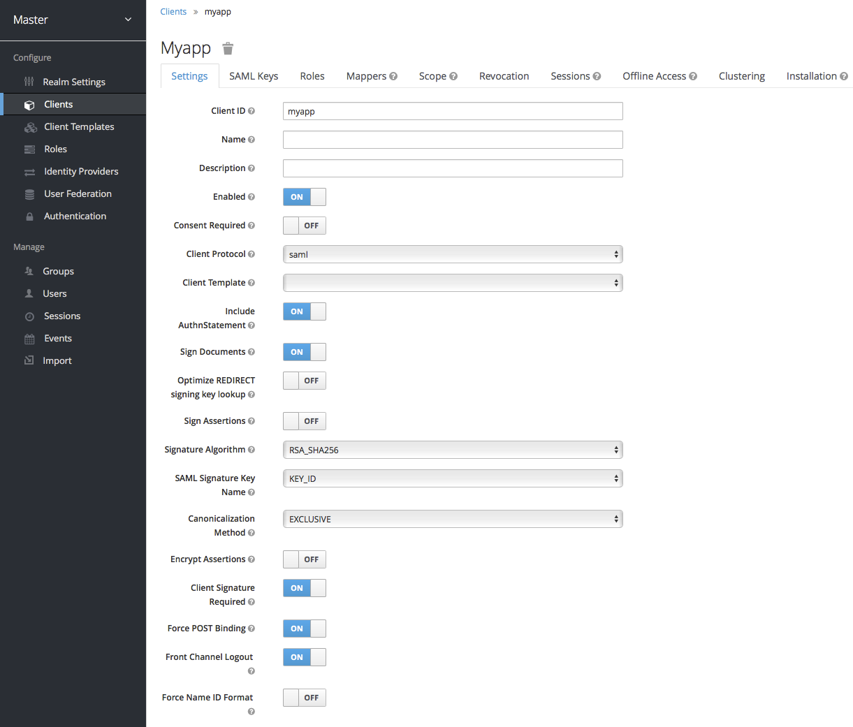 client settings saml