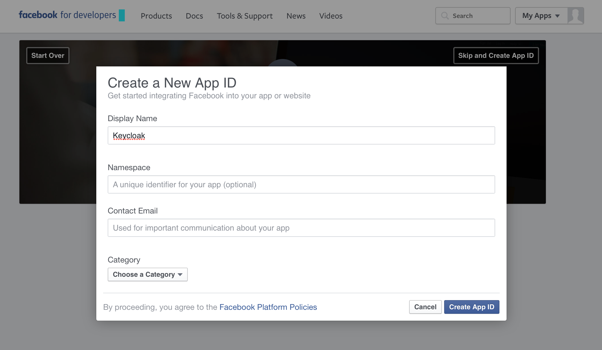 facebook create app id