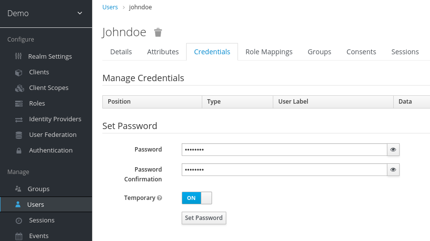 Credentials page. Keycloak Symfony. Keycloak login customization. Keycloak user attributes validation.