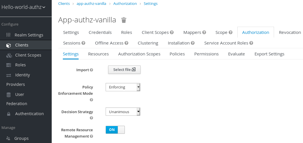 Authorization settings