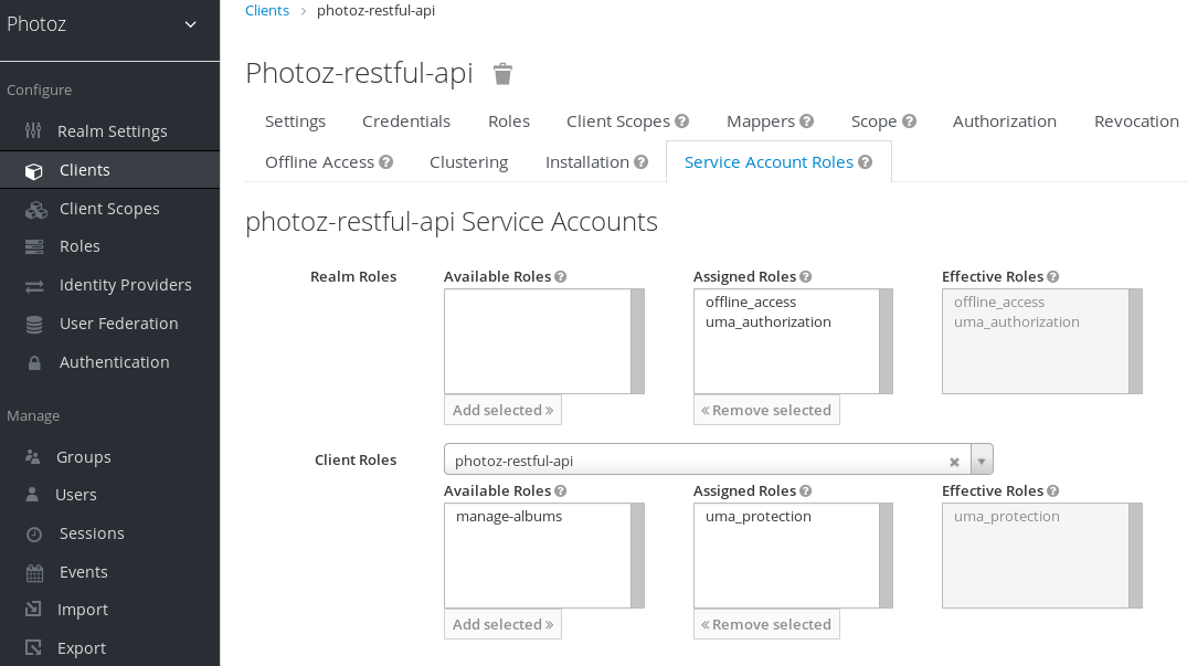 Service Account granted with uma_protection role