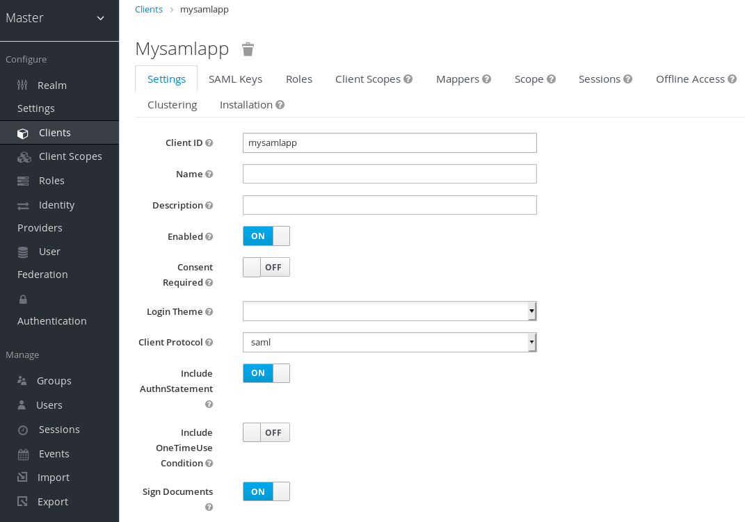 client settings saml