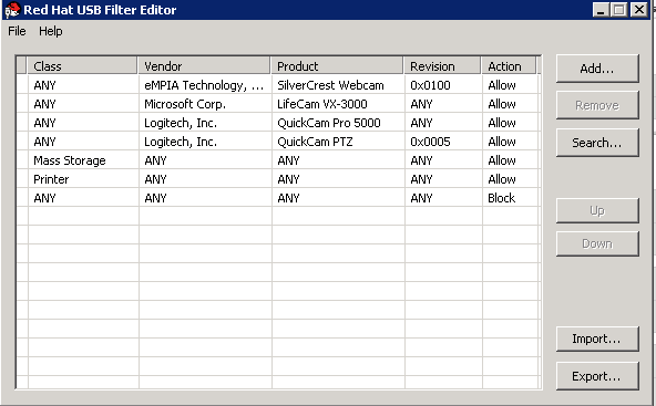 Red Hat USB 필터 편집기