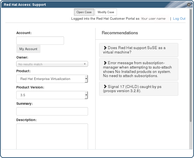 Red Hat Support Plug-in Opening a New Support Case