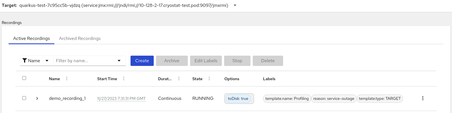 Example of an active recording with defined recording labels and a custom label