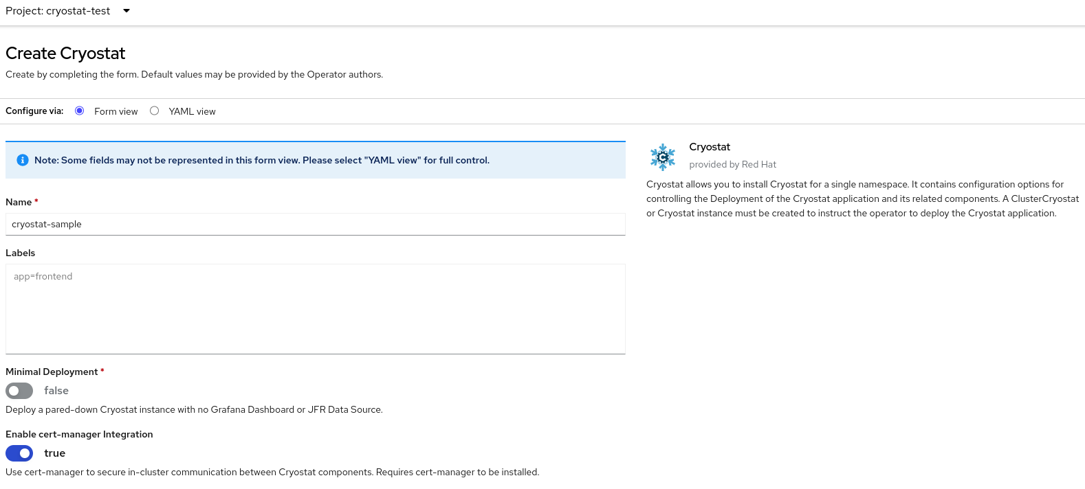 Creating an instance of Cryostat by using a form in the web console