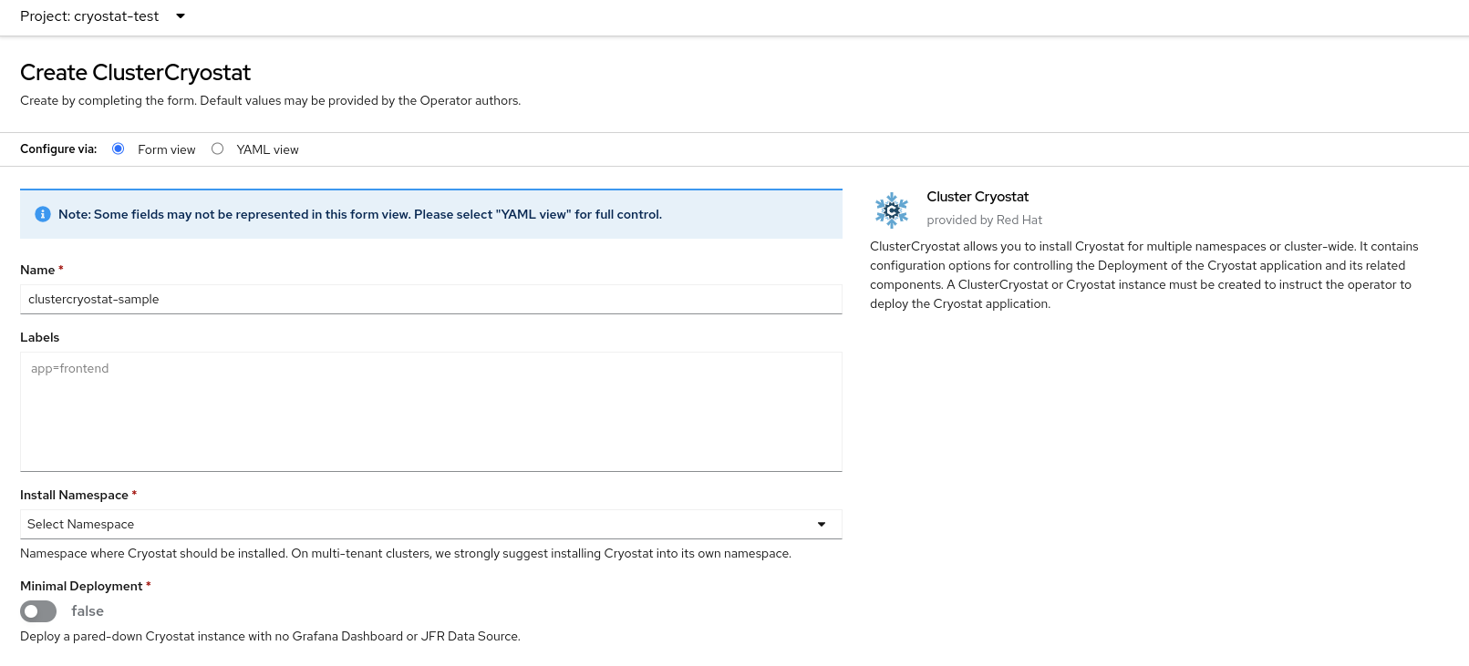 Creating a Cluster Cryostat instance of Cryostat by using a form in the web console