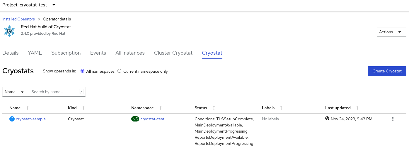 Selecting a single-namespace Cryostat instance under the Cryostat tab