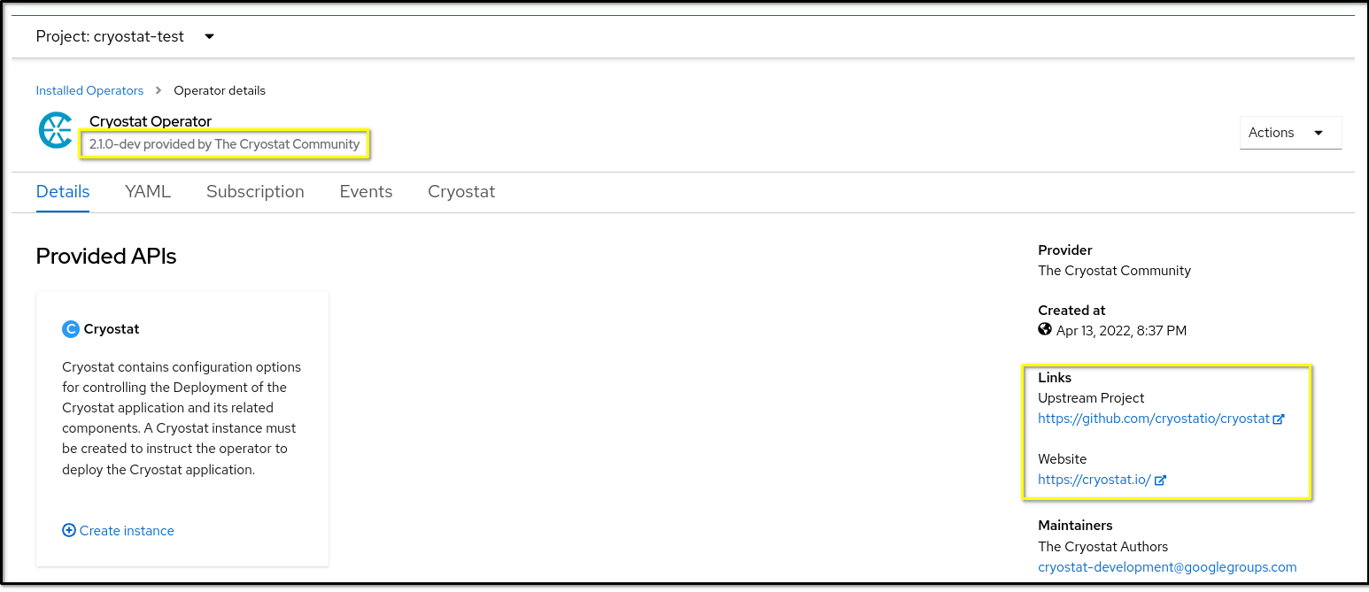 New enhancements on the Cryostat Operator details page