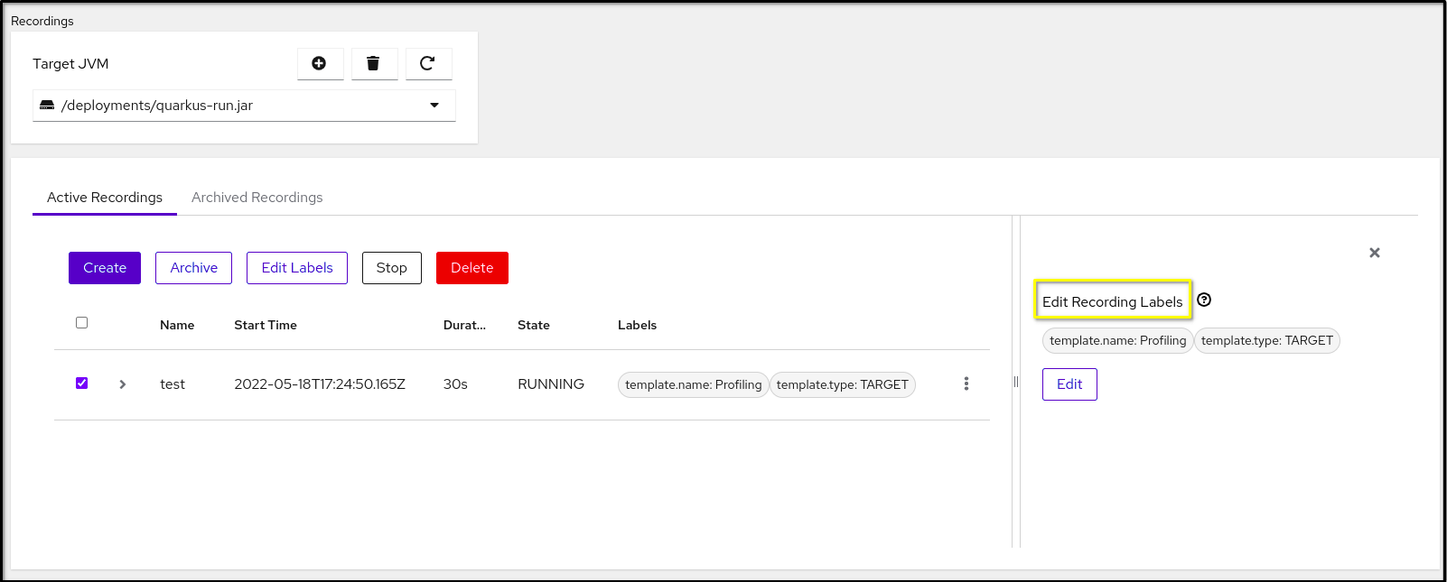 The *Edit Recordings Labels* pane on the Cryostat web console