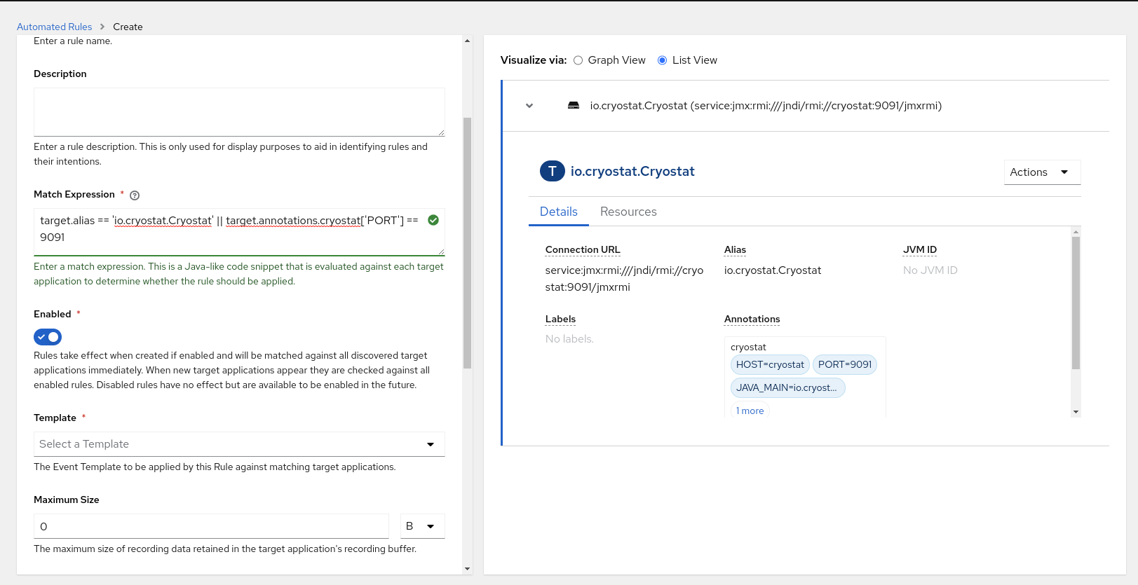 The *Create* window (List View) for an automated rule