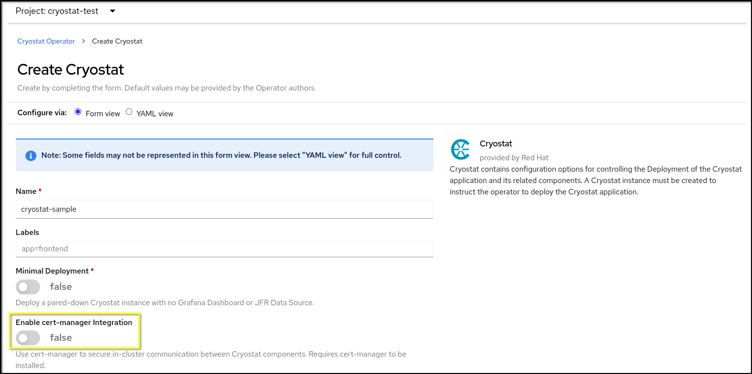 将"Enable cert-manager Integration"切换到 'false'