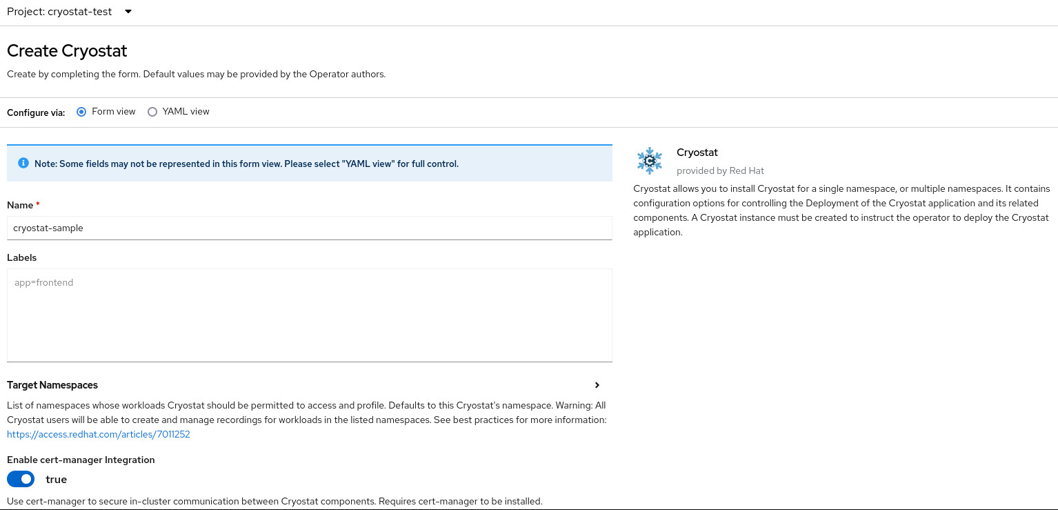 Creating an instance of Cryostat by using a form in the web console