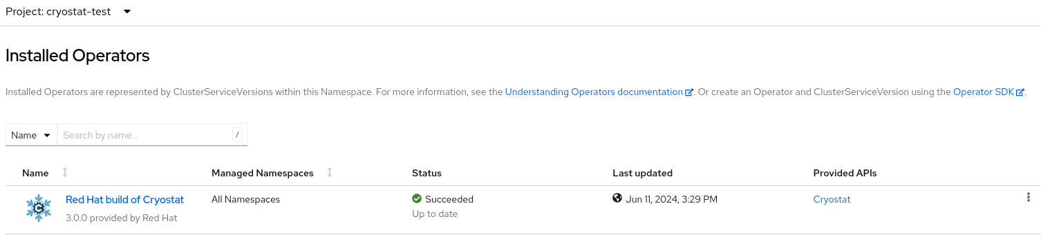 Viewing the Red Hat build of Cryostat Operator in the list of installed operators