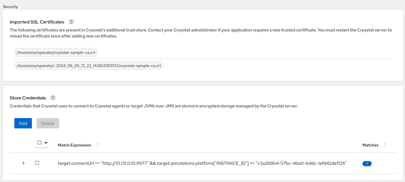 Viewing the list of imported SSL certificates for a target JVM