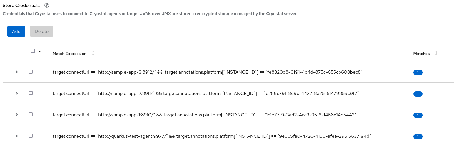 Example of a table entry on the *Store Credentials* pane