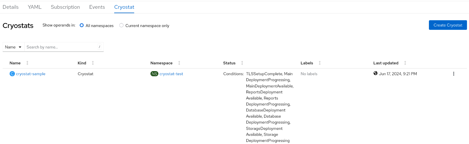Red Hat OpenShift の Cryostat インスタンスの `Status` 列で `True` に設定された条件の例