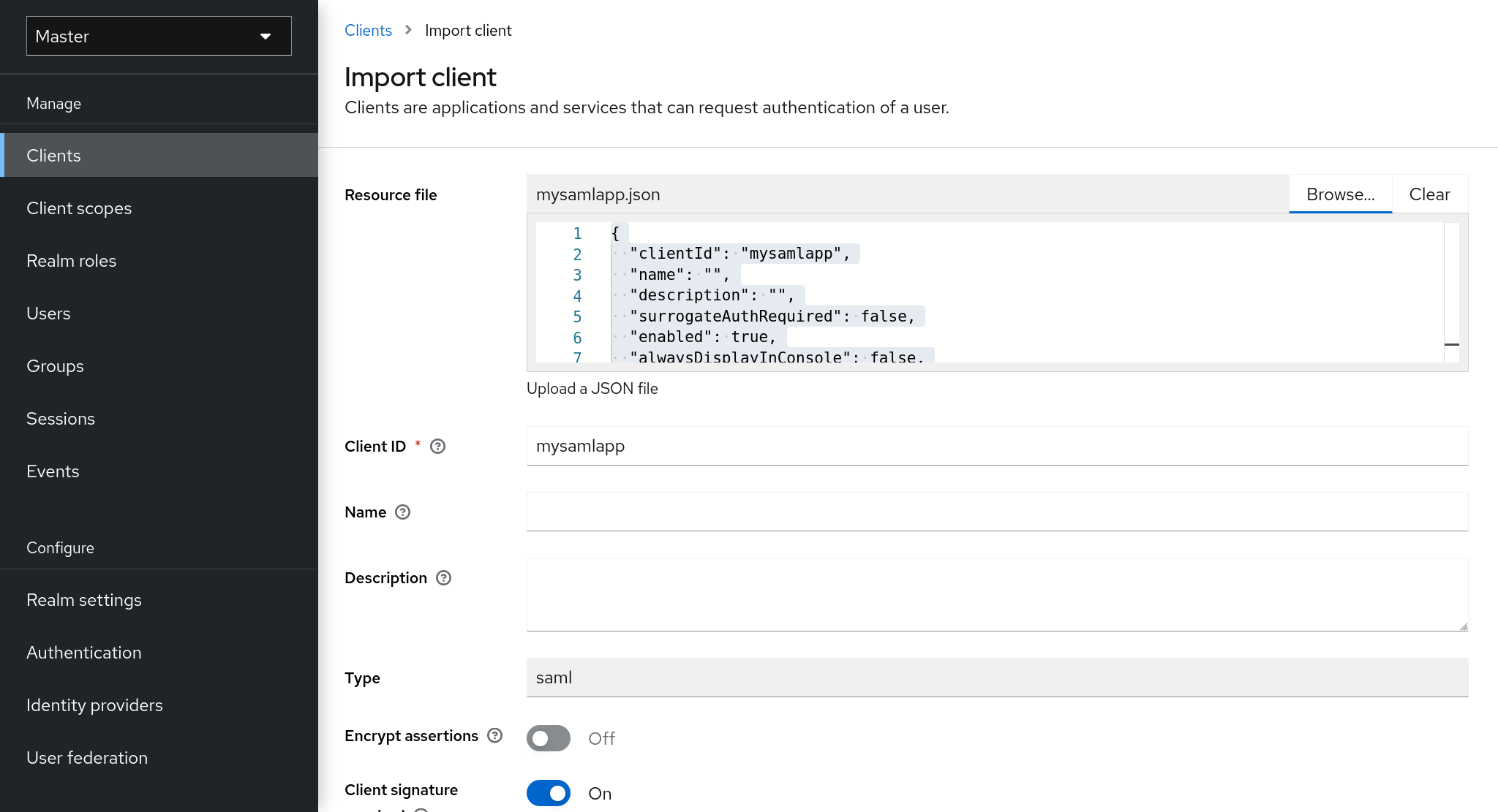 Import SAML client