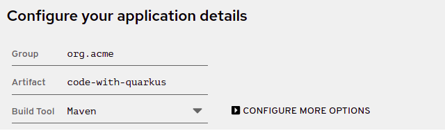 Screenshot of the basic application details section on the code.quarkus.redhat.com site
