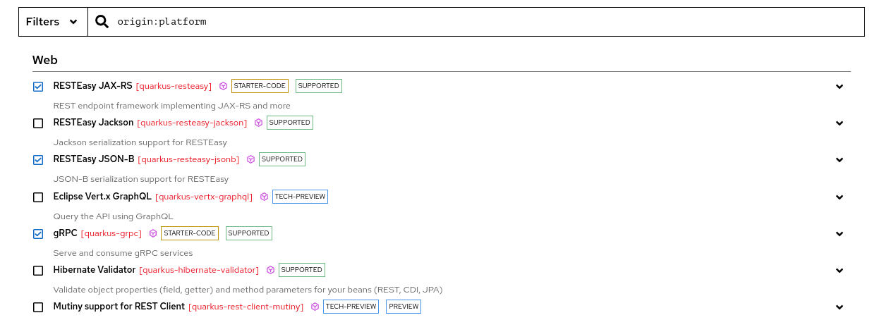 Screenshot of an expanded overflow menu next to one of the extensions on code.quarkus.redhat.coim showing the custom commands that you can copy