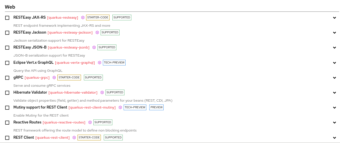 Screenshot of the list of extensions at the code.quarkus.redhat.com site that you can add to your project