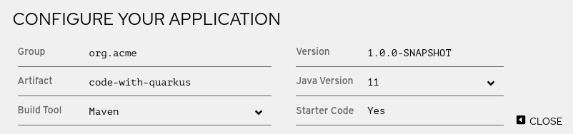 code.quarkus.redhat.com サイトのアプリケーションの詳細セクションのスクリーンショット。追加のアプリケーションの詳細を含む拡張フォームが表示されています。