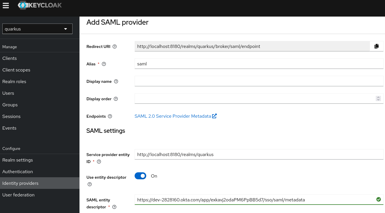 Keycloak SAML プロバイダーの追加